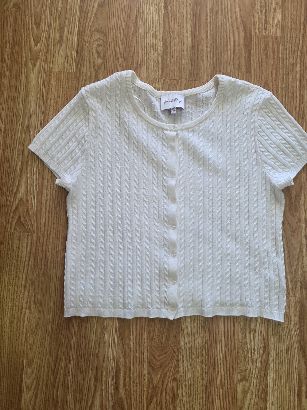 Off-White Short-Sleeve Cable Knit Button Down Top